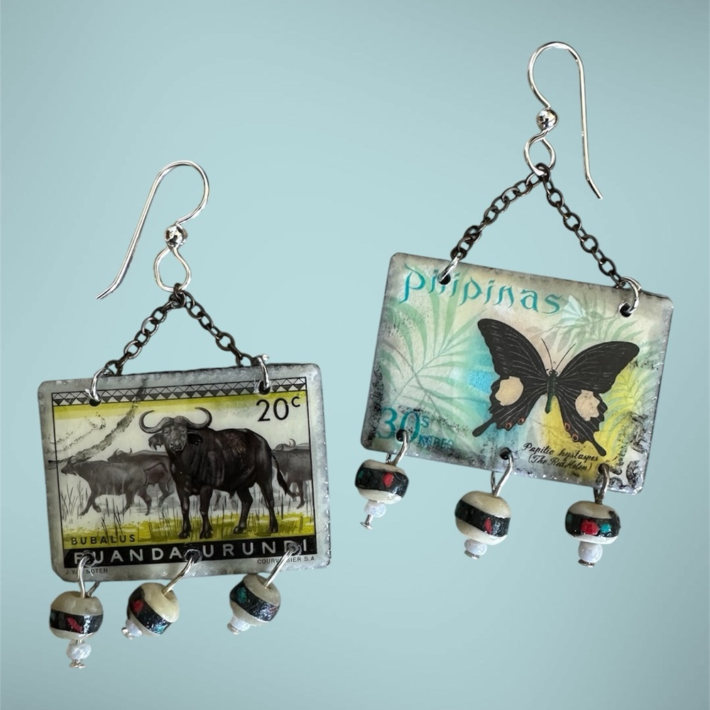Pair vintage stamps custom earrings Buffalo Rwanda butterfly sterling dangles